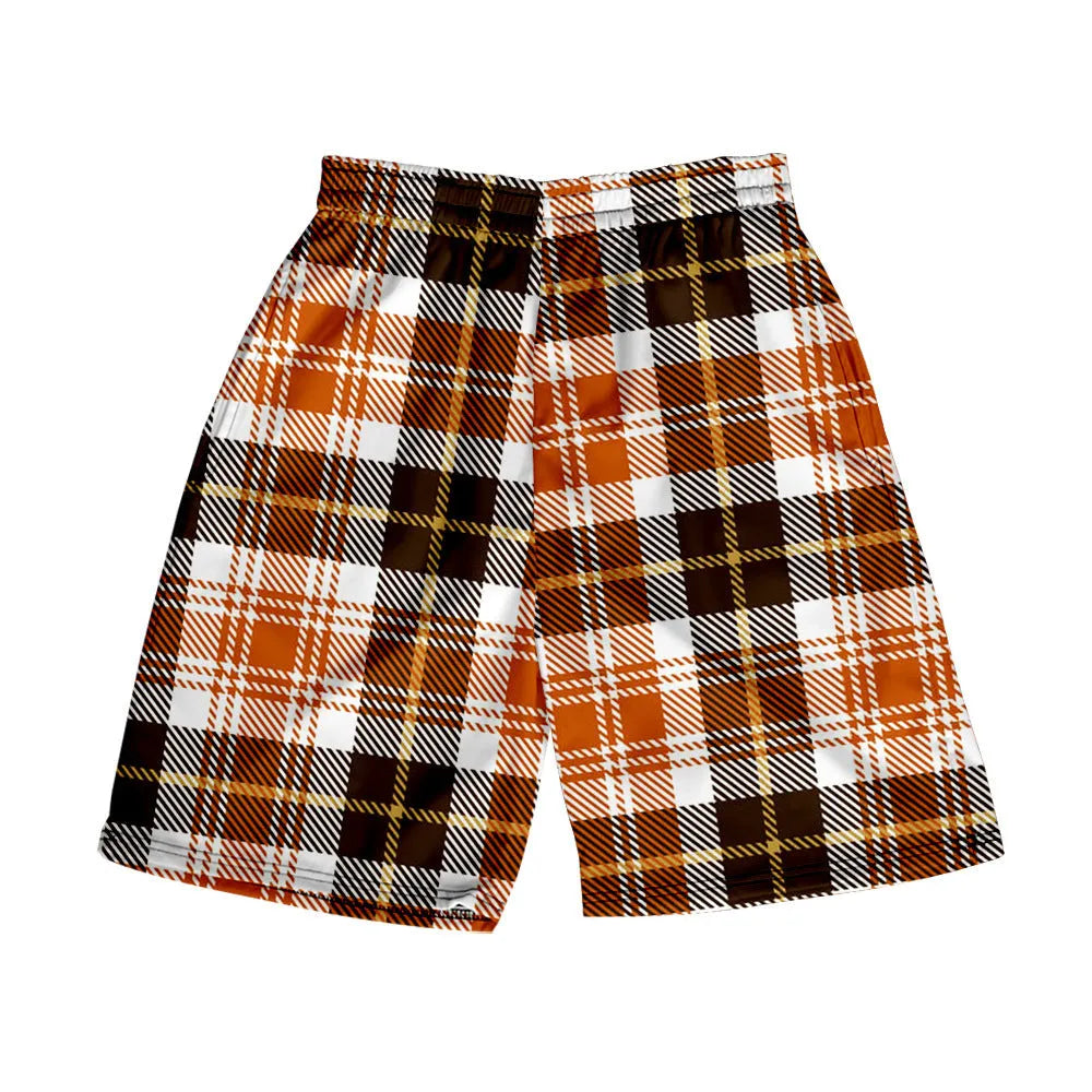 Men's plaid shorts with digital print pattern in polyester fabric, straight fit casual beach pants