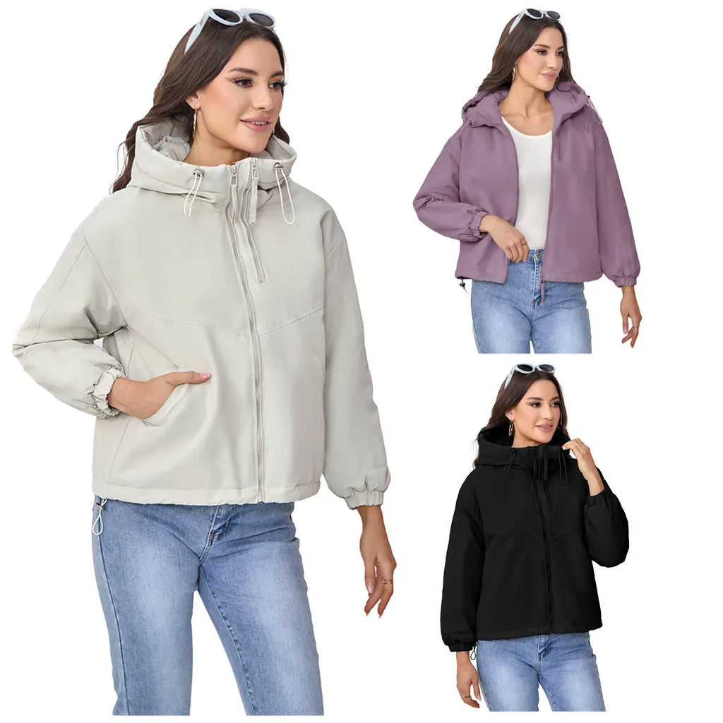 Women's hooded shell jacket loose fit polyester long sleeve solid colour black front view