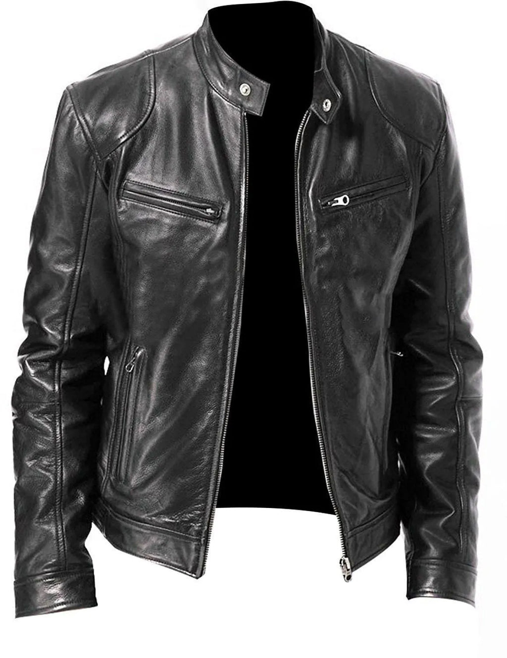 Slim fit PU leather jacket in black with zip front and notched collar