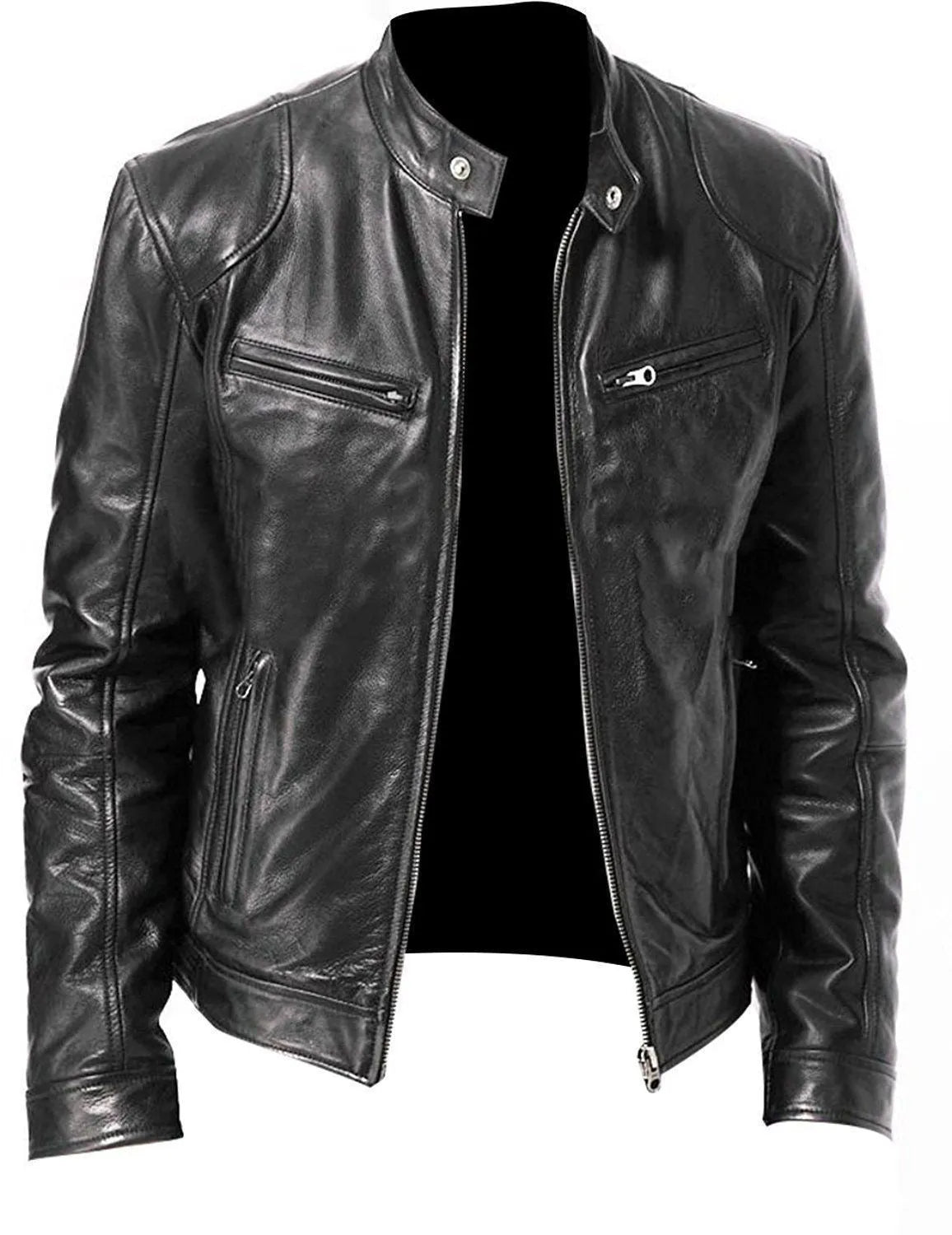 Slim fit PU leather jacket in black with zip front and notched collar