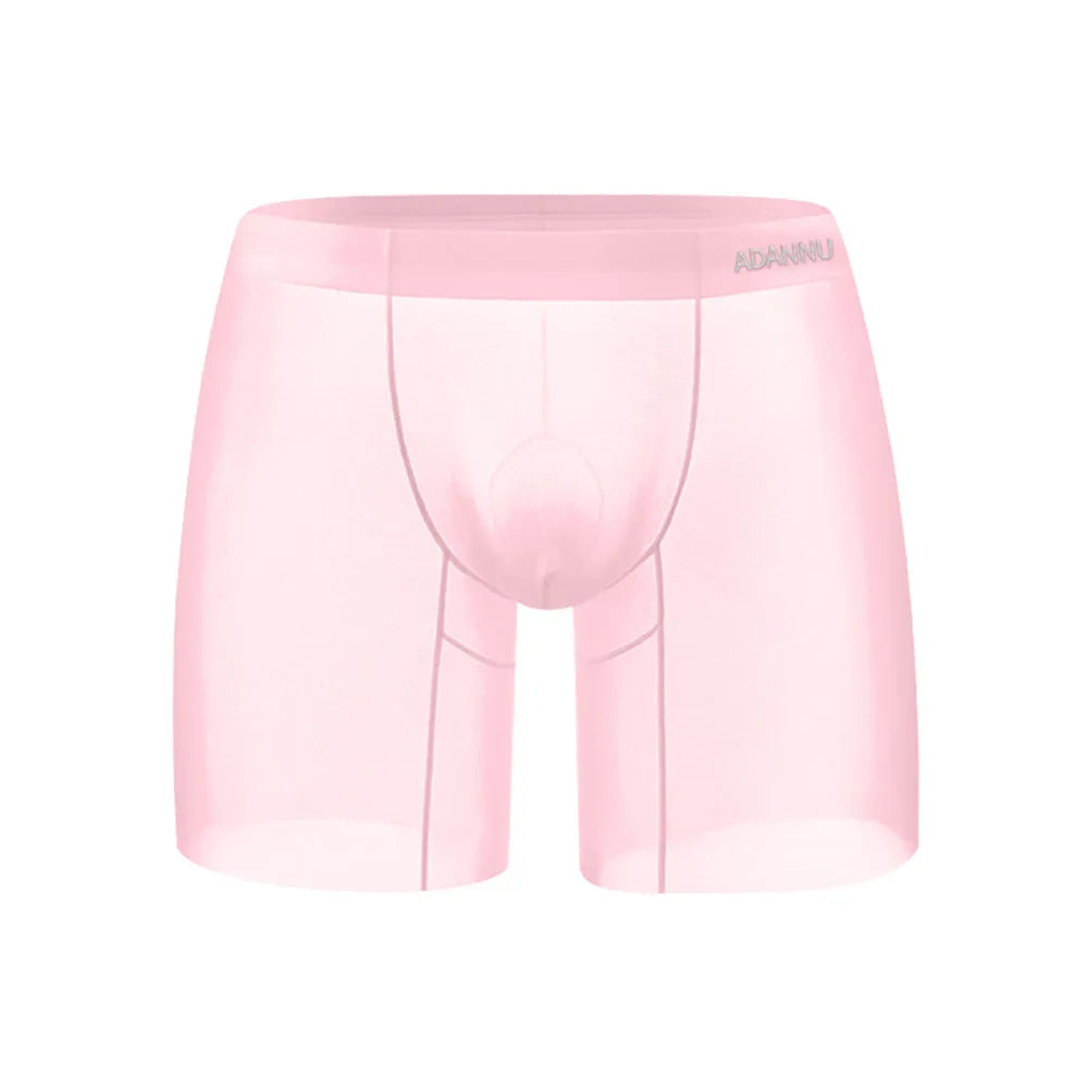Men's seamless nylon boxers in orange, pink, and red colours on a white background