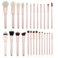 Pink 26-piece makeup brush set with wooden handles displayed in a PU storage bag.