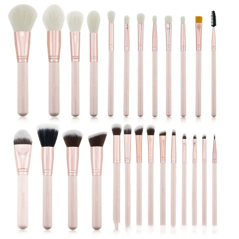 Pink 26-piece makeup brush set with wooden handles displayed in a PU storage bag.