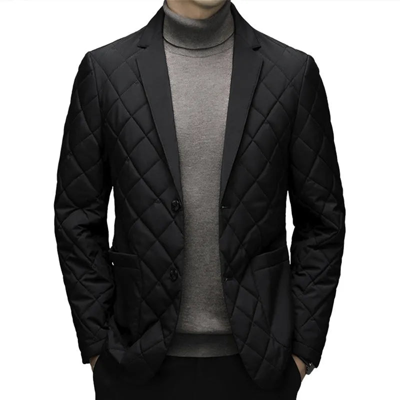 Men's winter down jacket with lapel collar in solid colour with side seam pockets