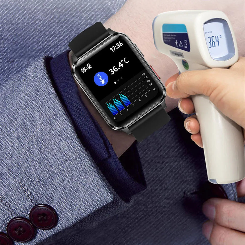Multi-sport smart watch with blue silicone wristband and 1.7-inch touchscreen displaying heart rate data