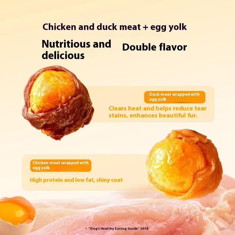 Dog snack with egg yolk and chicken duck meat in chewable form for training rewards
