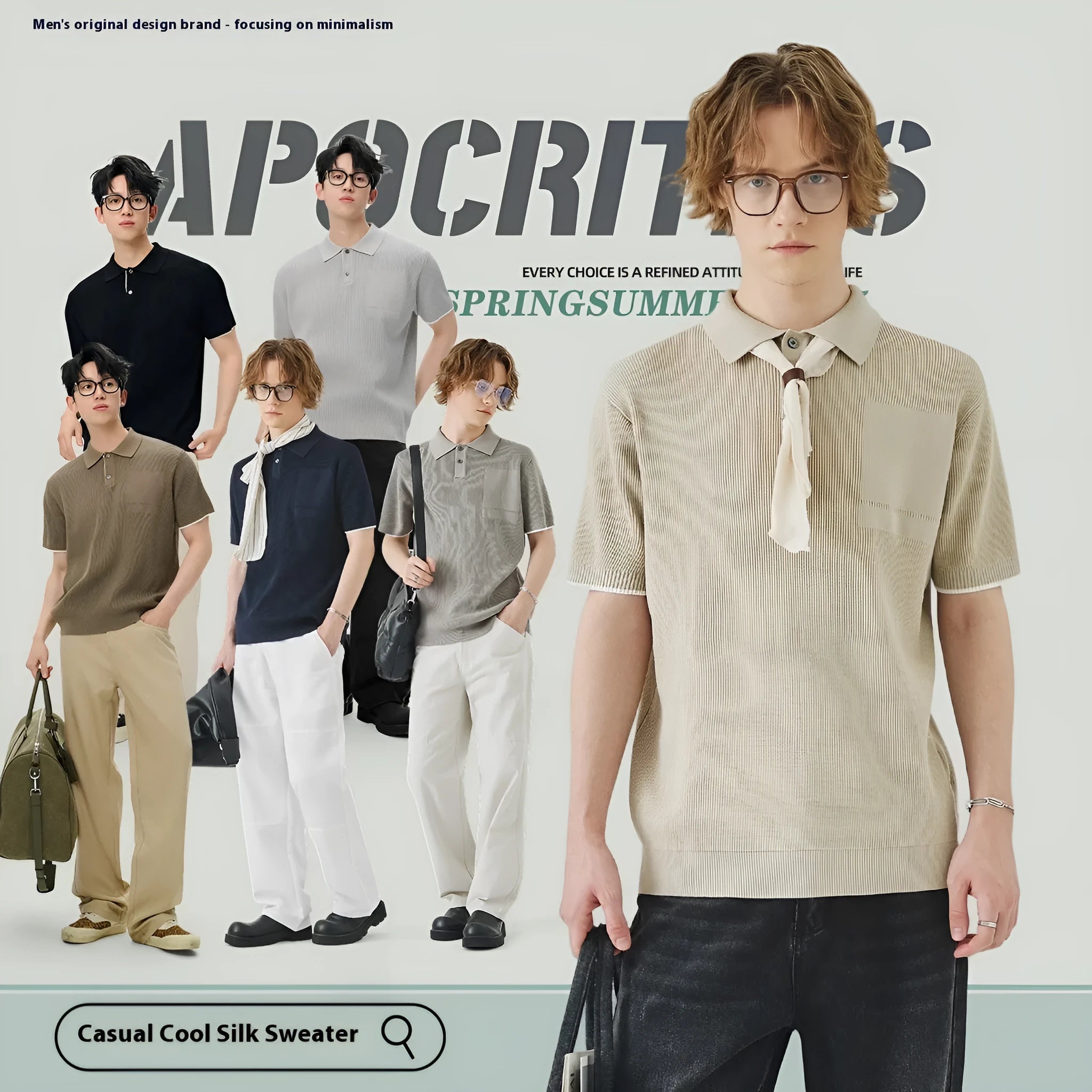 Men's summer casual sweater in solid colour with contrast colour lapel, short sleeves, polyester blend