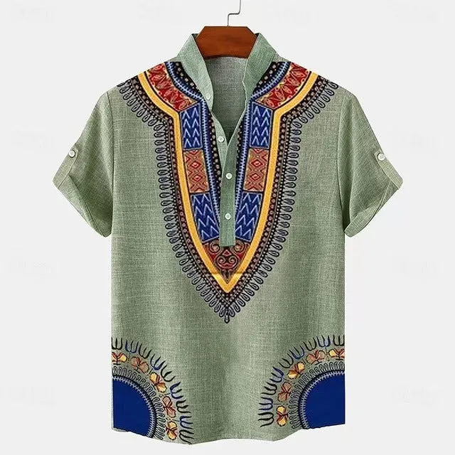 Men's loose fit striped casual button-down shirt in a handsome colour option on a hanger.