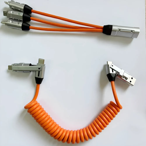 240W spring telescopic fast charge data cable with aluminium alloy body, Micro USB and Type C ports, 1m length