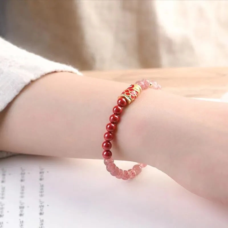 Koi purple cinnabar and strawberry quartz women's lucky beads bracelet with retro peach blossom pattern