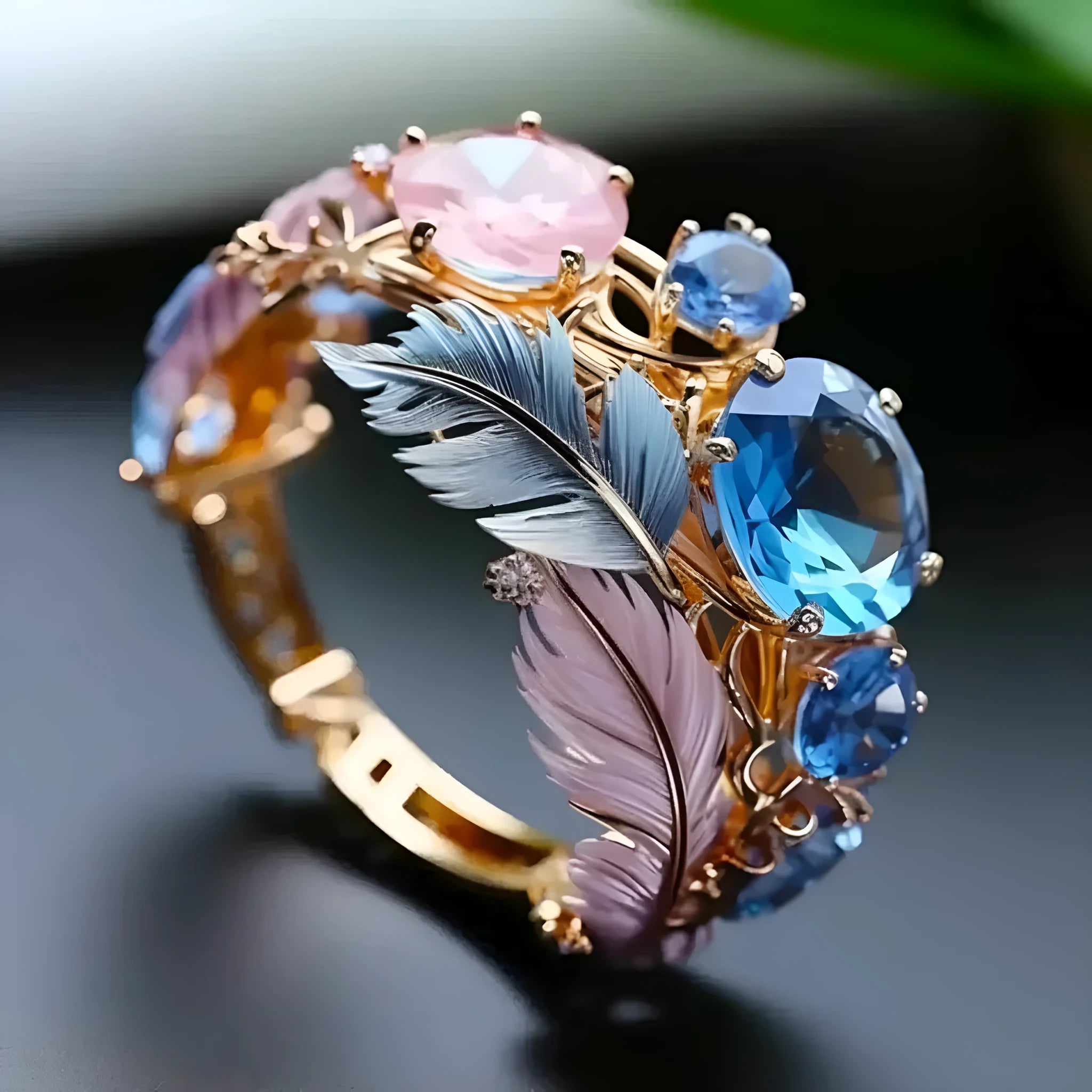 Gold brass feather ring with embossed design and zircon inlay geometric jewellery