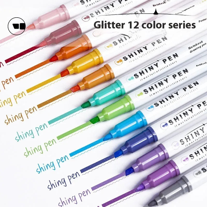 Four glitter fluorescent highlighter pens with slanted tips in pastel colours including taro puff and mung bean smoothie