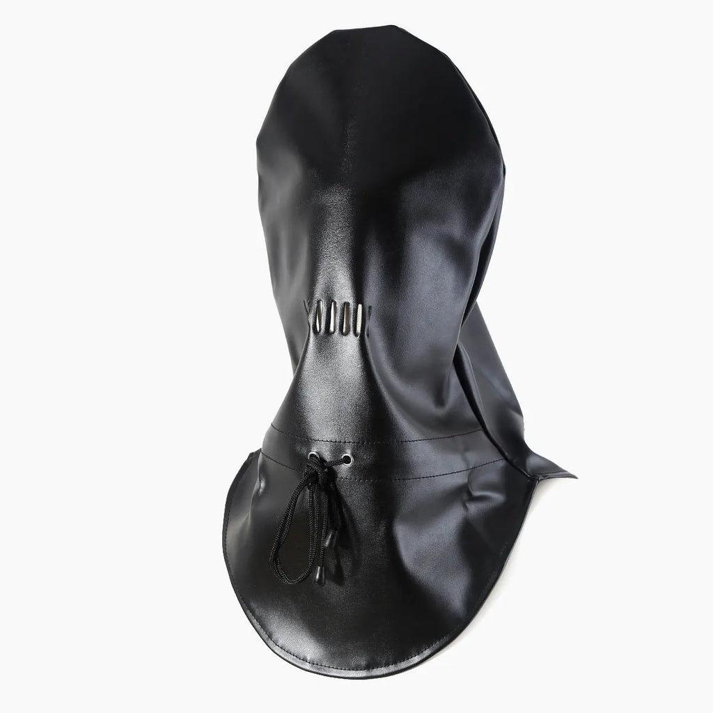 Black PU leather bondage mask with adjustable straps and ventilation holes for breathable training use