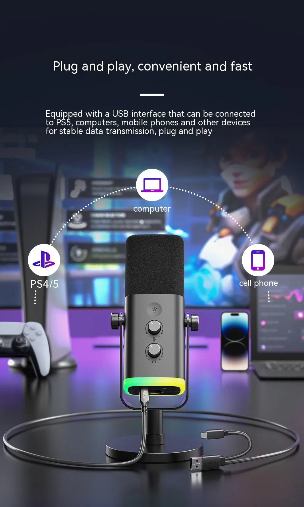 Black dynamic noise reduction microphone with XLR and USB ports on desktop base