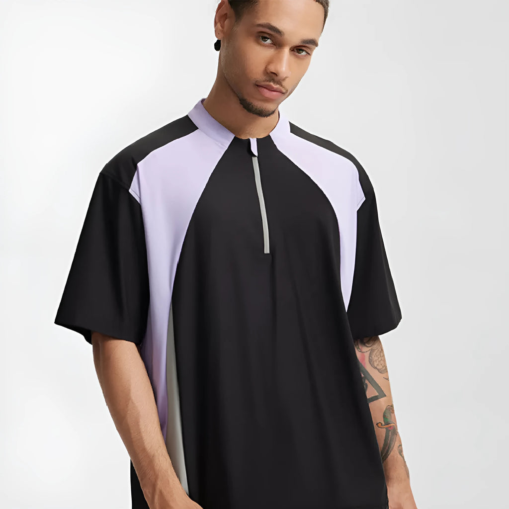 Men's solid colour polyester casual top shown in black and beige, featuring both long sleeve and short sleeve options.
