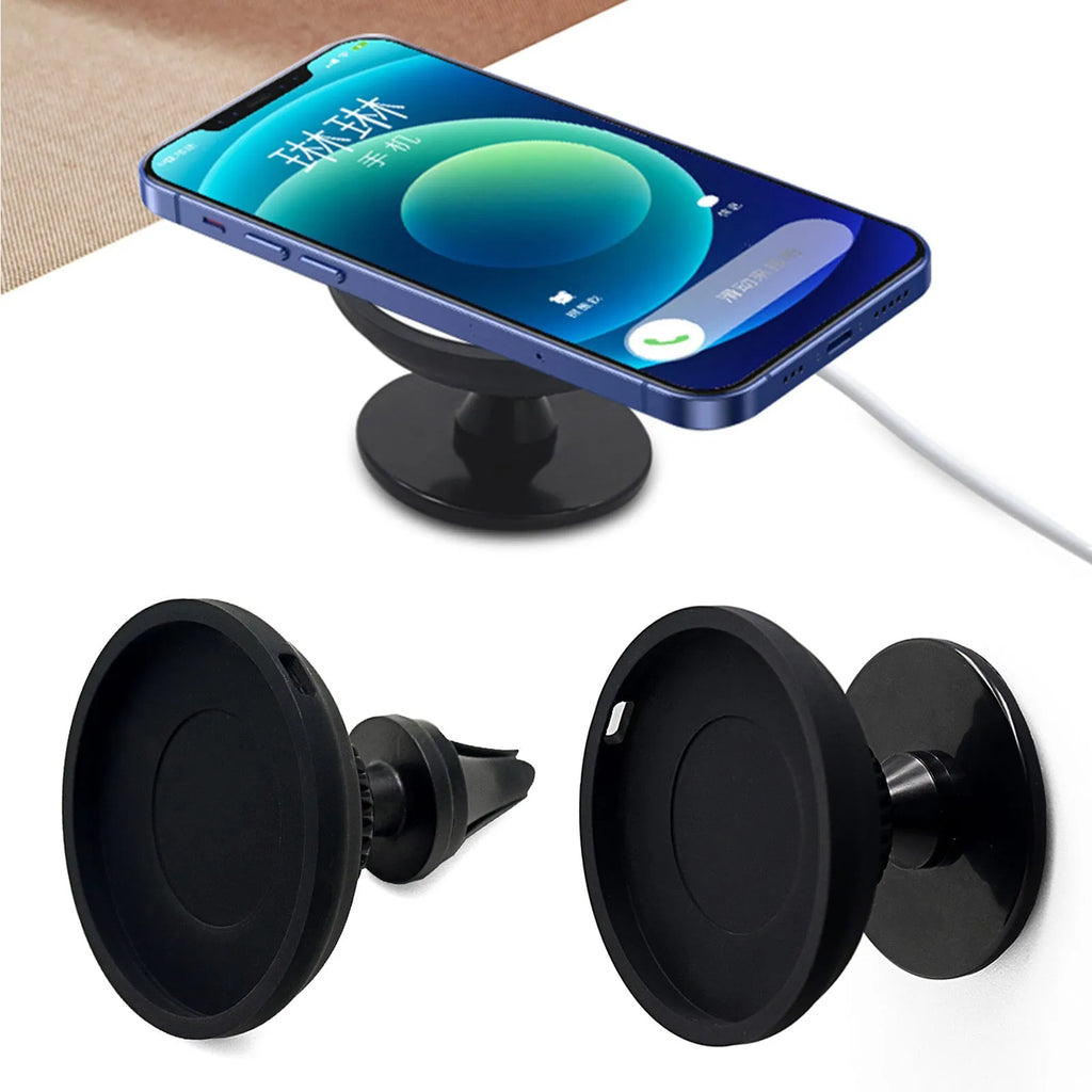 Black car magnetic mobile phone holder mounted on vehicle dashboard