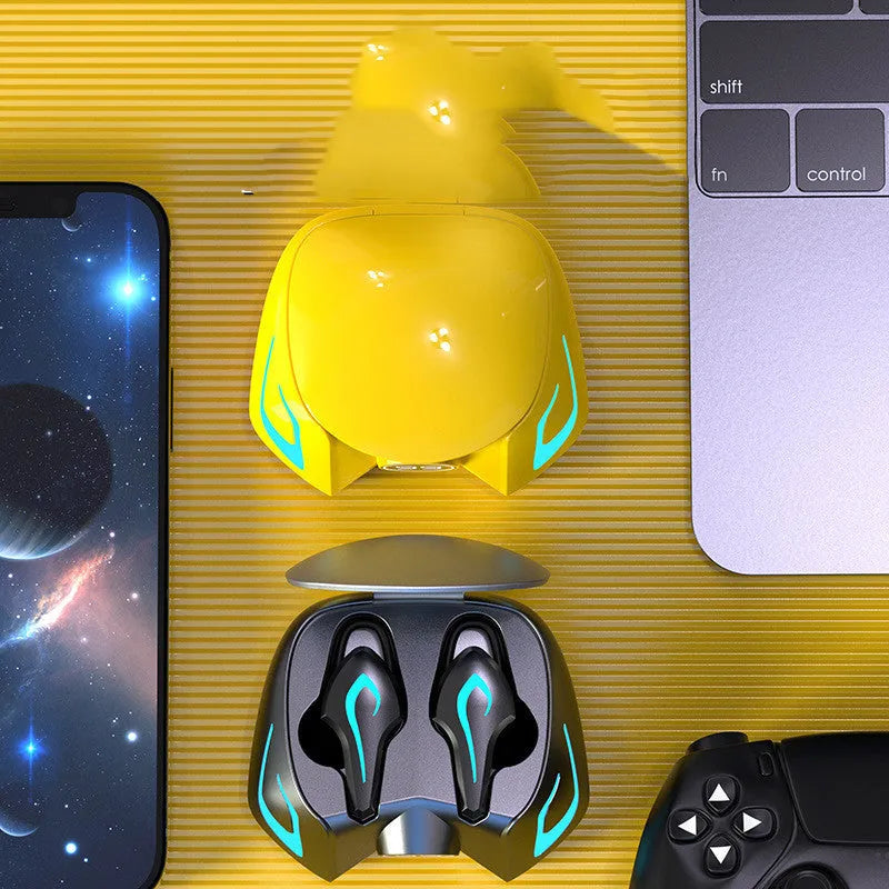 Wireless Bluetooth gaming earbuds in black grey, cool black, and yellow colour options with earplug design
