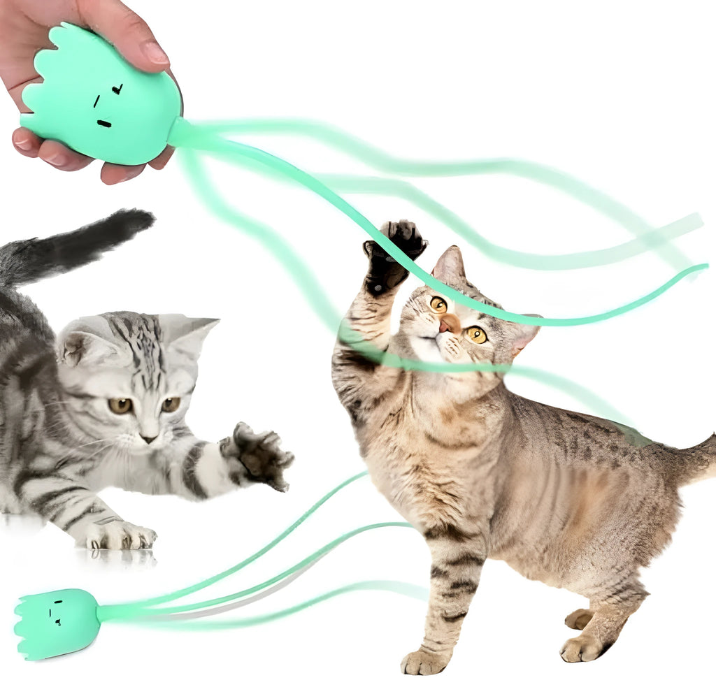 Green automatic cat wand toy with motorised silicone tails swinging, for indoor cat play.