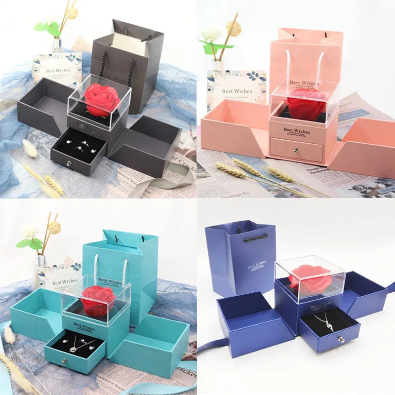Plastic eternal flower ring jewellery box in blue green grey pink paper cardboard construction