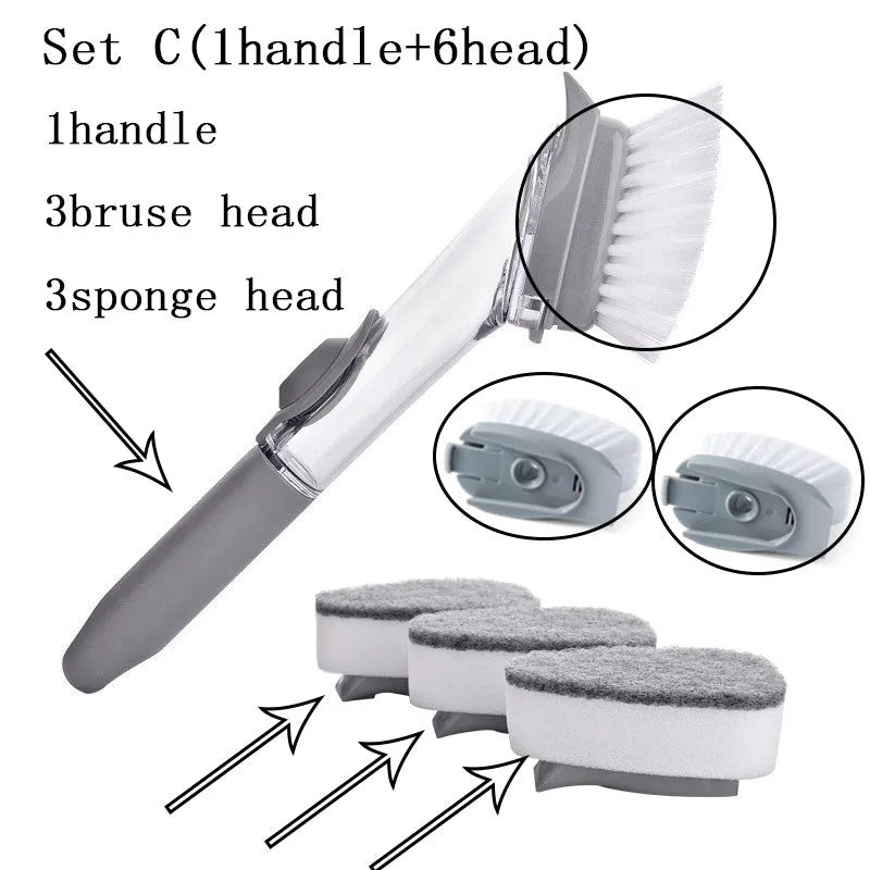 2-in-1 long handle cleaning brush with removable brush head and sponge for kitchen