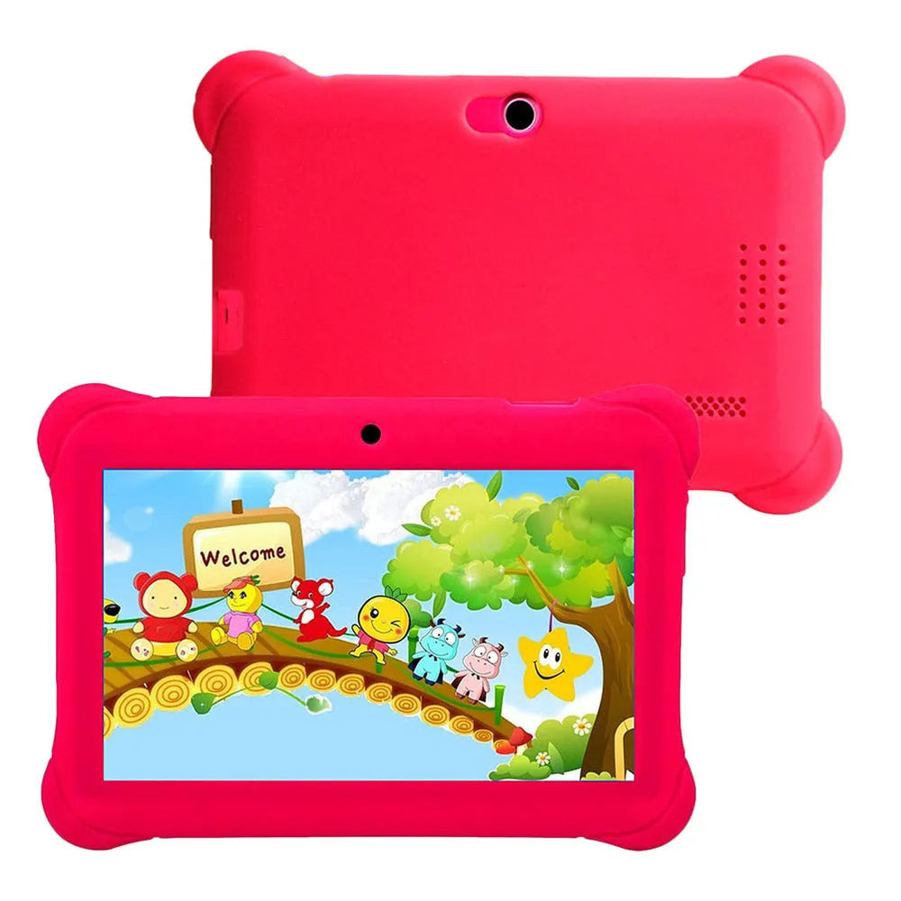 Children's tablet with 7-inch capacitive touch screen in black, showing front view with home button