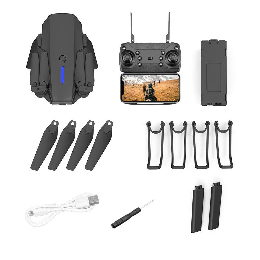 LSRC LS-E525 foldable 4K dual camera quadcopter drone with black and white body, arms folded