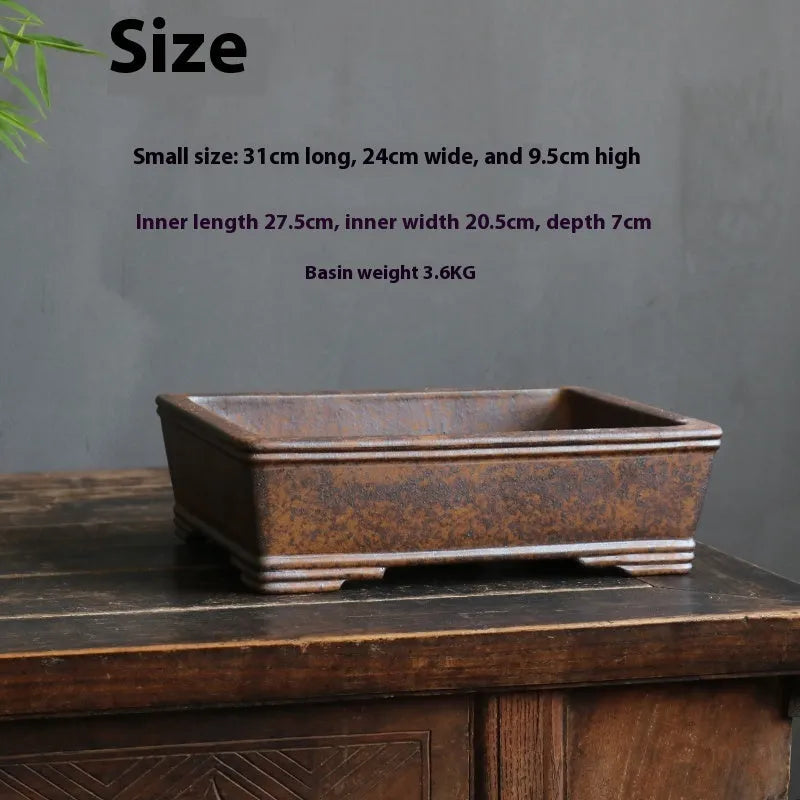 Large rectangular purple sand bonsai pot with five-line basin design and firewood burning texture.