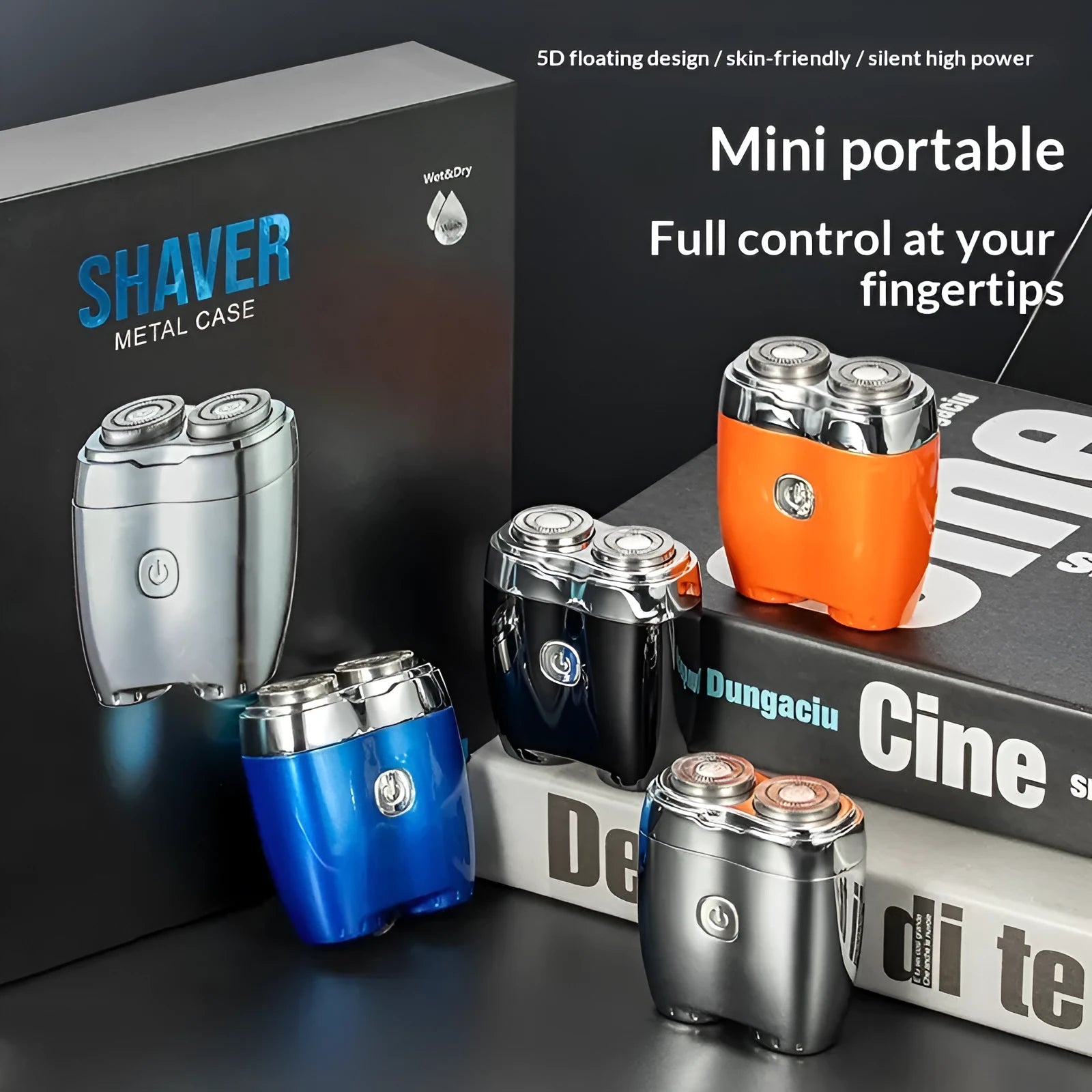 Portable floating double head electric shaver mini in silver with rechargeable base