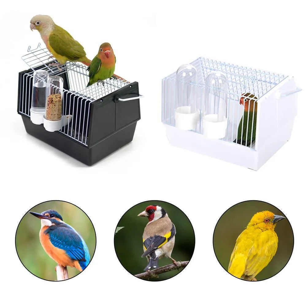 Small portable bird travel cage in black with top skylight and two feeders, 21 x 13 x 13 cm