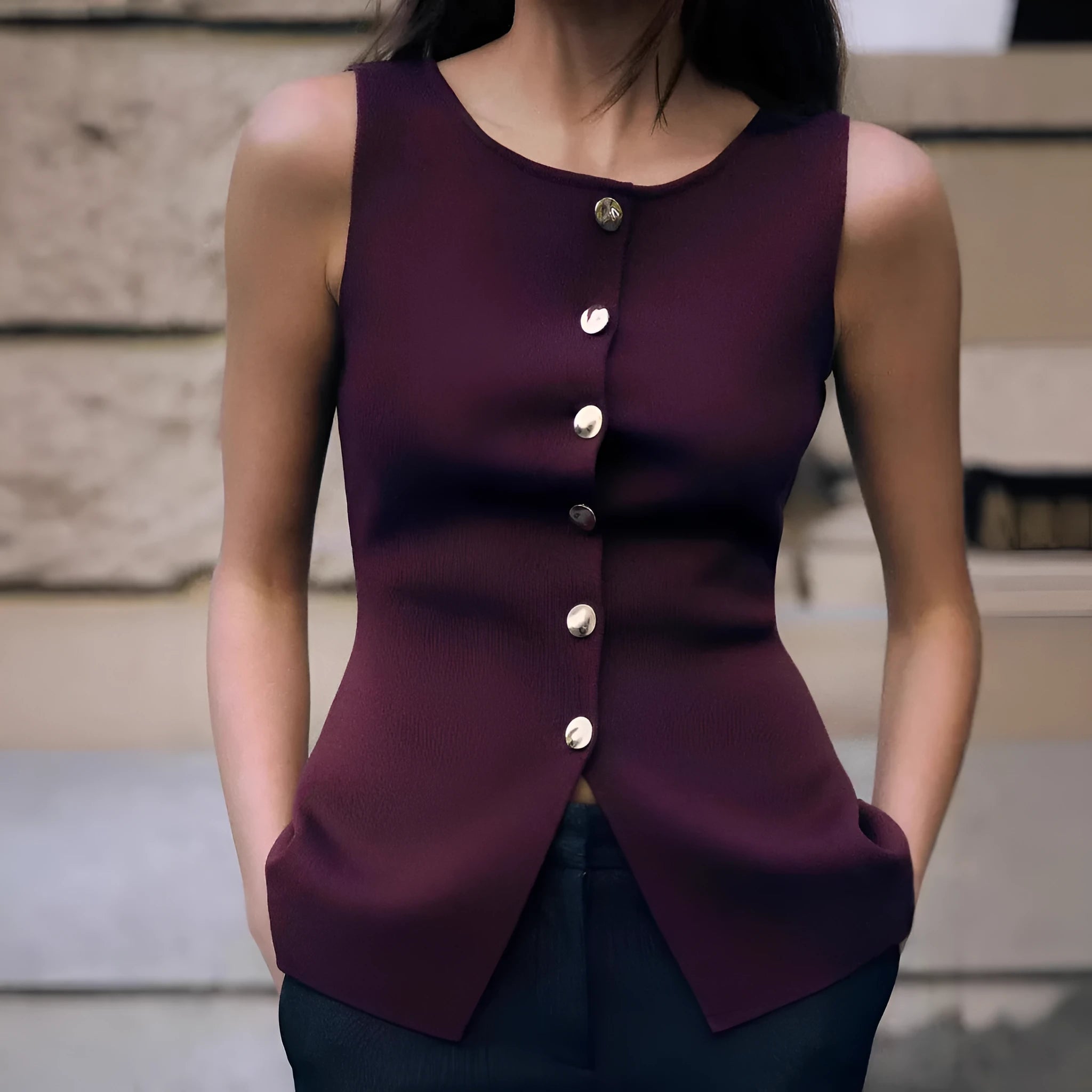 Dark red slim fit sweater vest with gold buttons and a raised 3D pattern, laid flat.