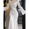 Satin long sleeve champagne white dress for marriage certificate photo mid-rise waist