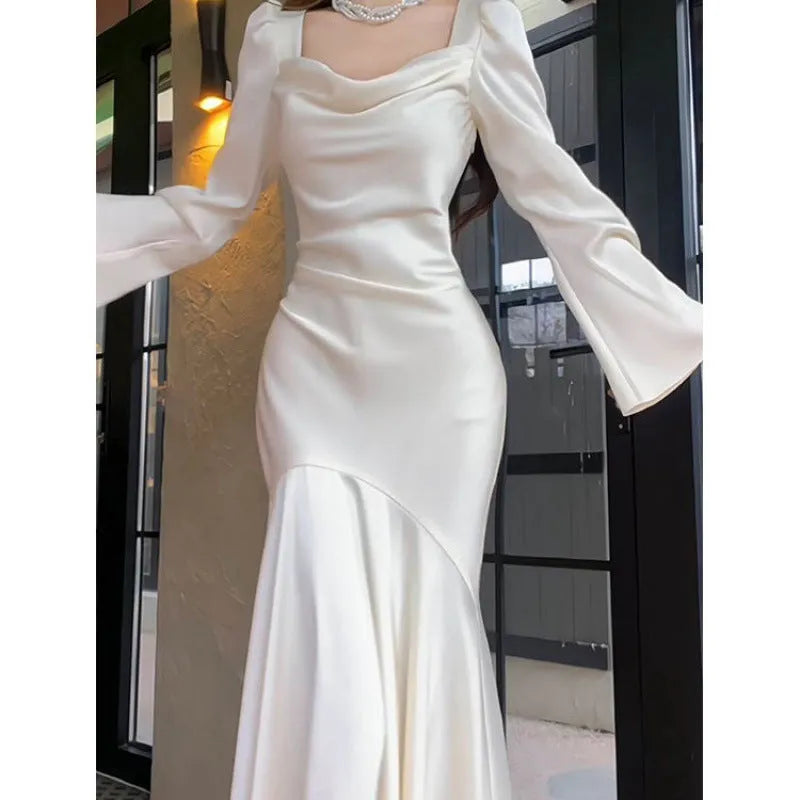 Satin long sleeve champagne white dress for marriage certificate photo mid-rise waist
