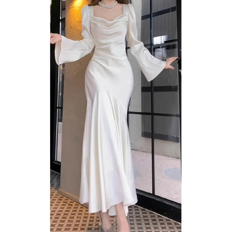 Satin long sleeve champagne white dress for marriage certificate photo mid-rise waist