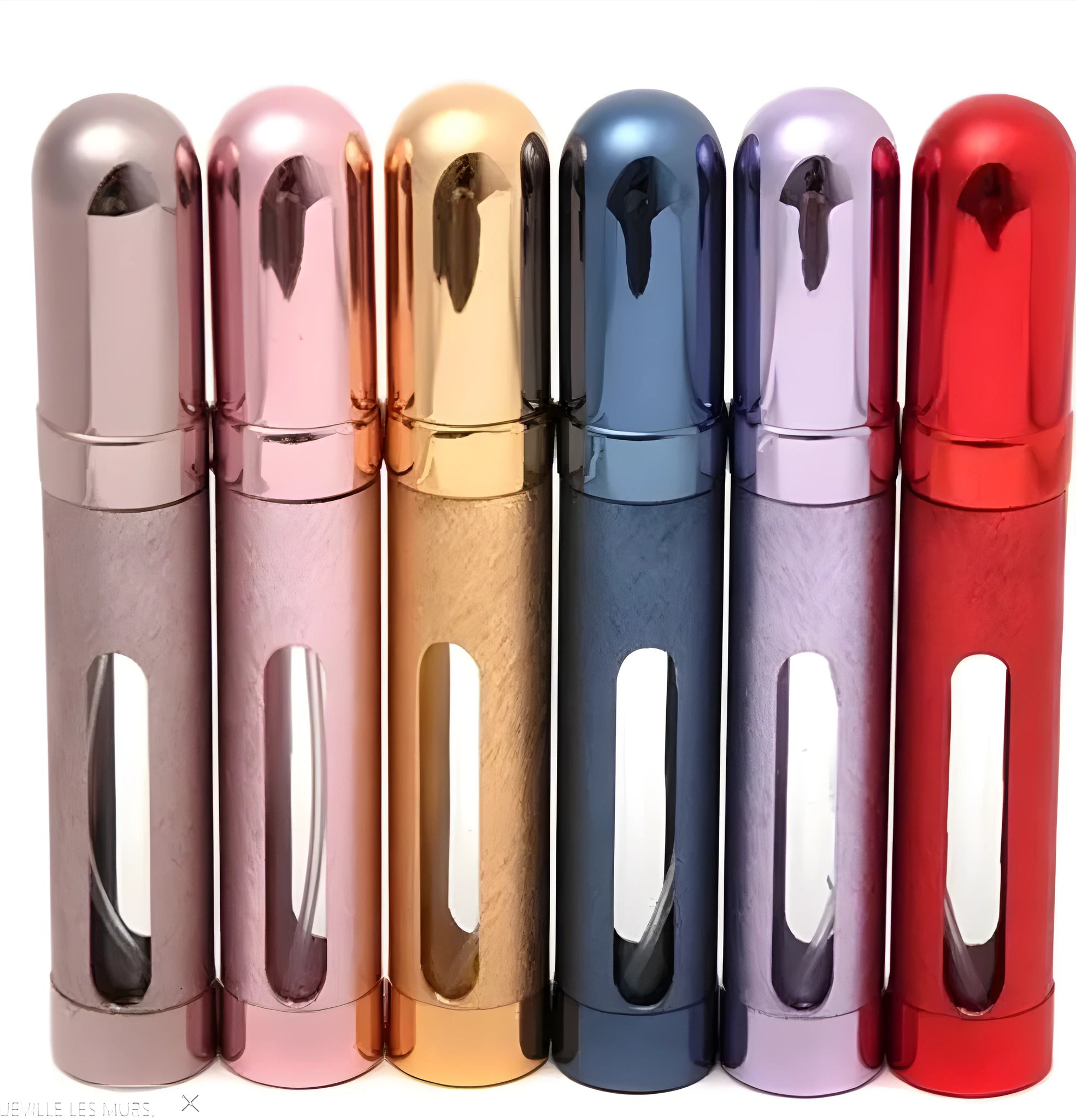 Slim 12ml aluminium and glass portable perfume bottle in multiple colours.