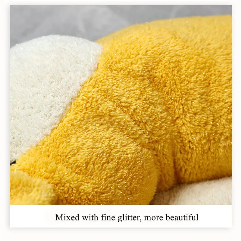 A soft plush corgi-shaped pet bed for dogs or cats, shown in three available sizes.
