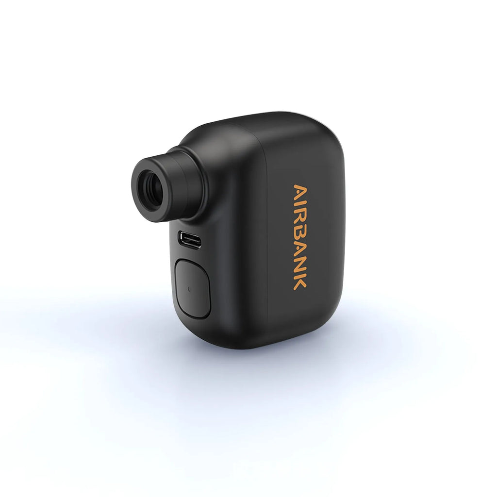 Black mini electric bicycle pump with USB charging cable and waterproof storage bag