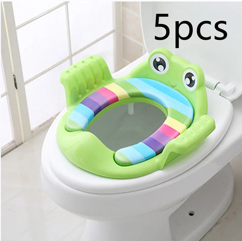 Pink baby toilet seat with adjustable non-slip pads for toddlers aged 1-6 years on a toilet bowl
