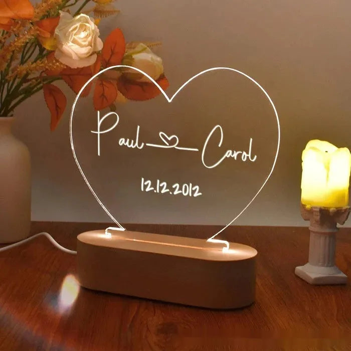 Custom LED night light with engraved names and date on transparent acrylic panel