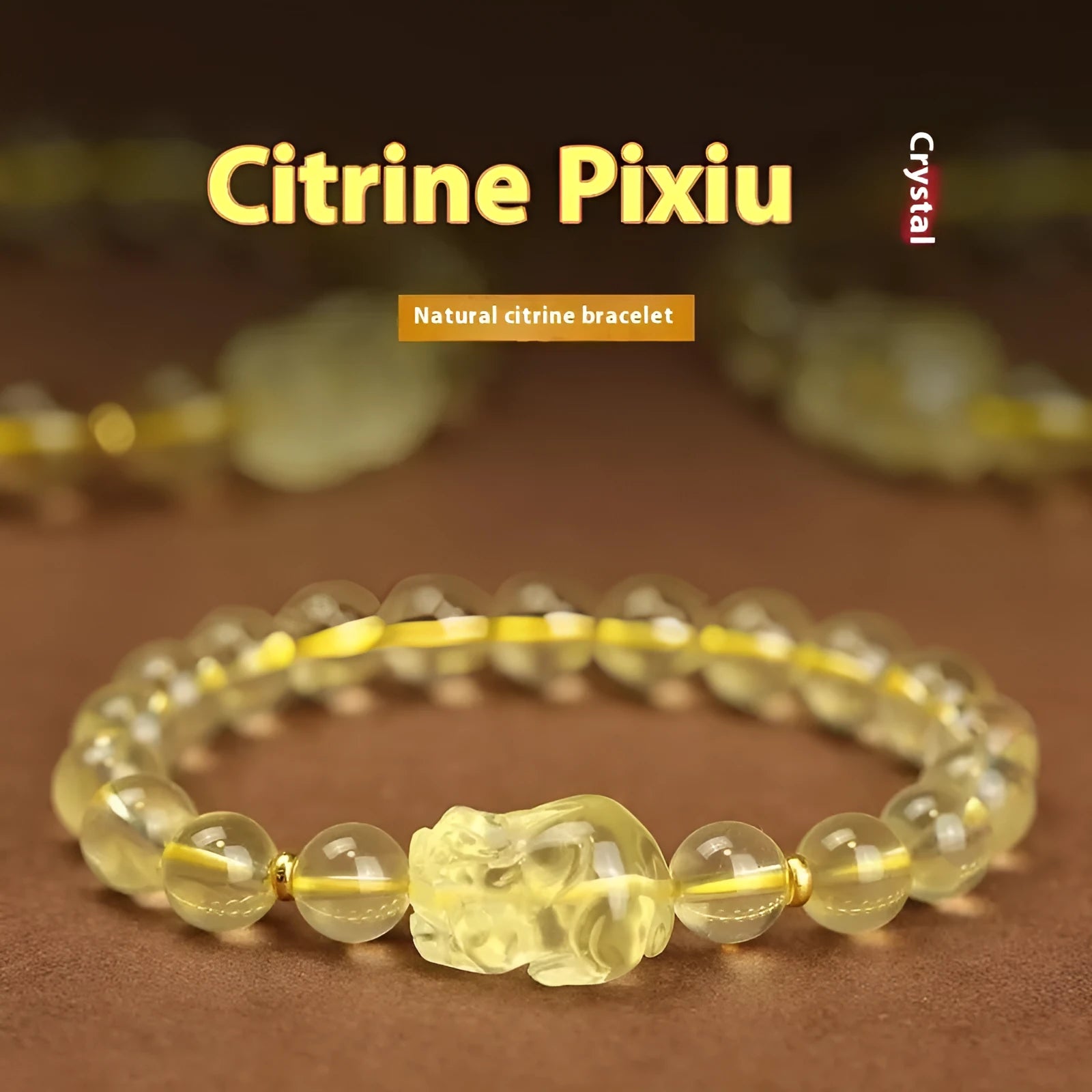 Yellow leather bracelet with artificial citrine crystals and a traditional Chinese Pi Xiu charm.