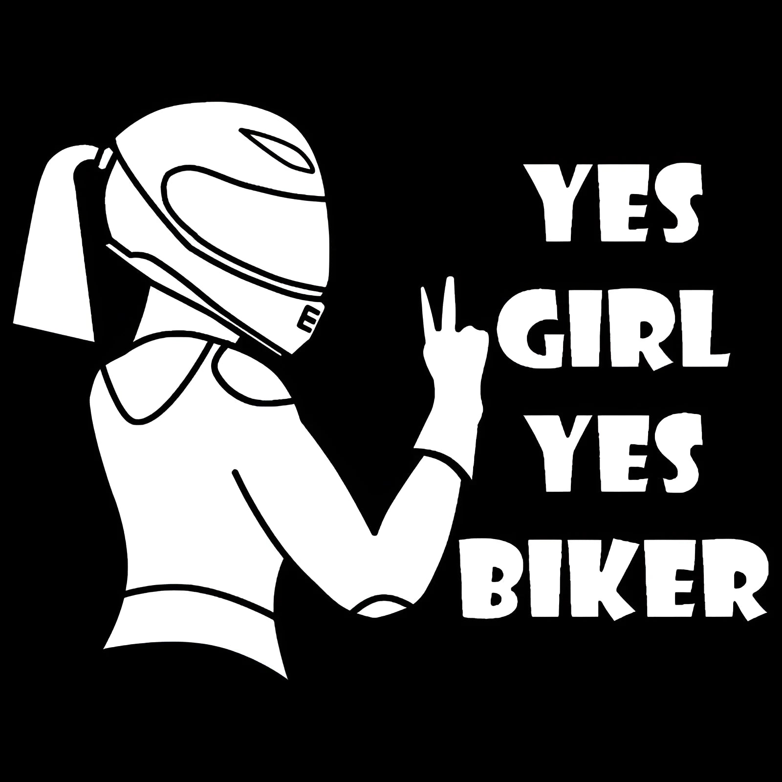 Cool girl rider design car sticker in black, white, and laser colours, 16cm by 15cm.