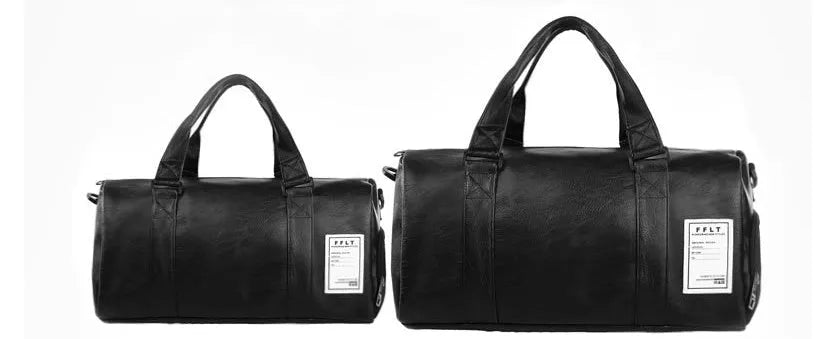 Black waterproof sports bag with shoe compartment and diagonal straps shown in two size options