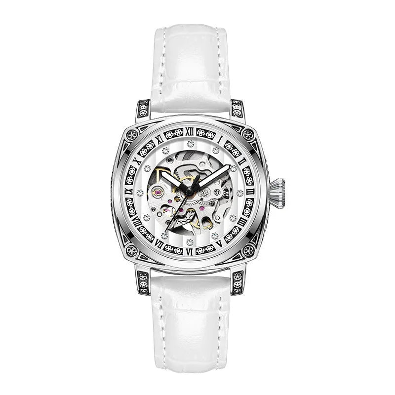 Mechanical watch with luminous hands on a leather strap, shown in black, red, steel, and white colour options.