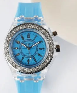 Women's LED luminous quartz watch with round 43mm dial and silicone strap in various colours