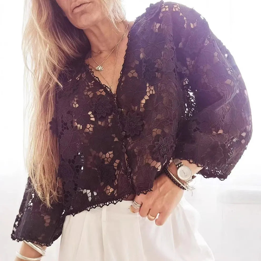 Women's loose V-neck cardigan with three-dimensional lace flower decoration in solid colour