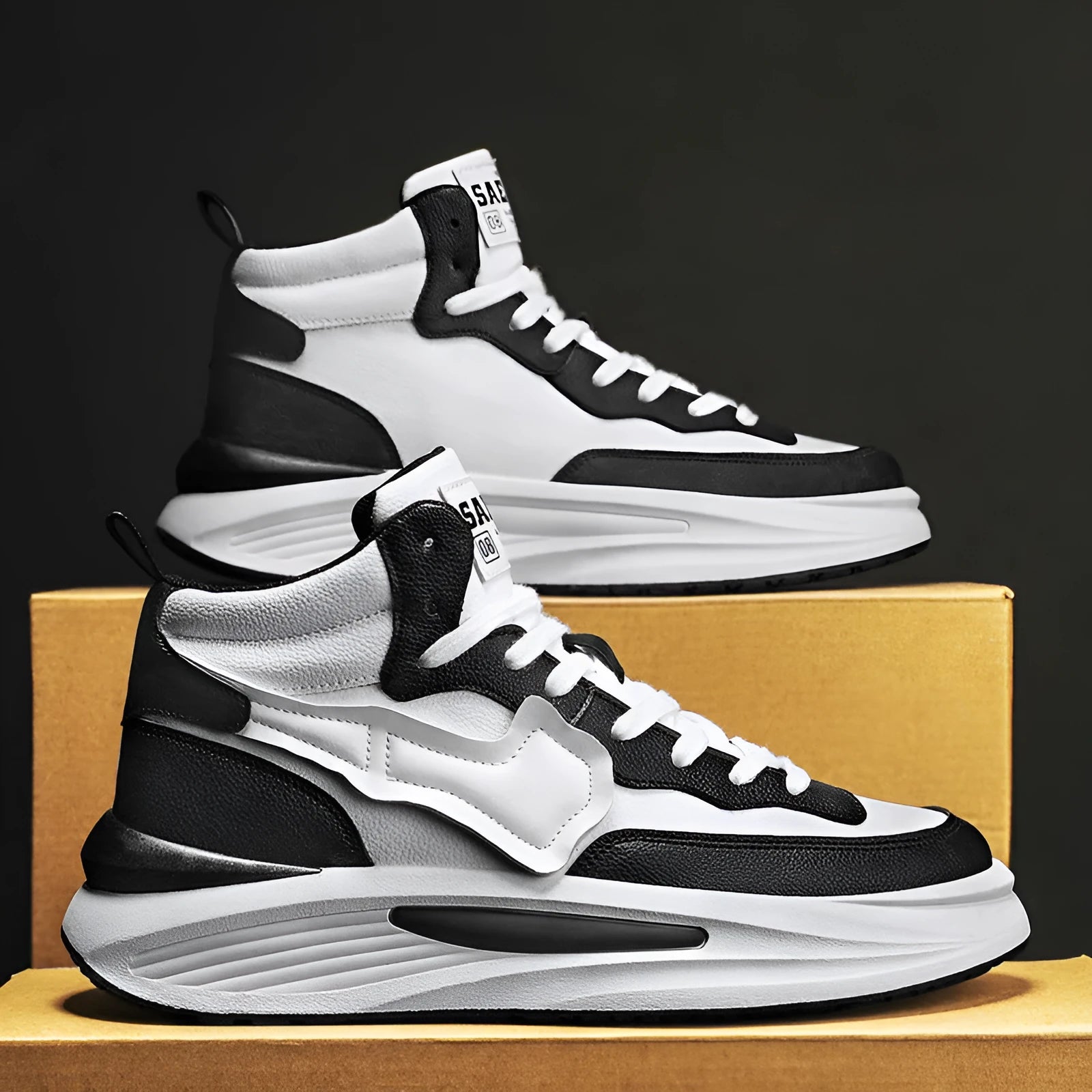 Men's black and white platform high-top board shoes with round toe and artificial PU upper