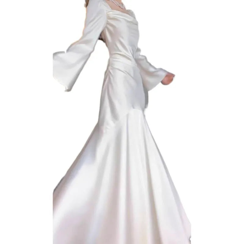 Satin long sleeve champagne white dress for marriage certificate photo mid-rise waist