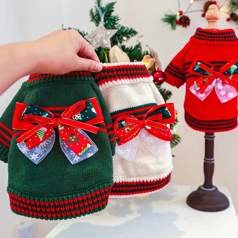 Red and green knitted polyester Christmas sweater for dogs and cats on a white background.