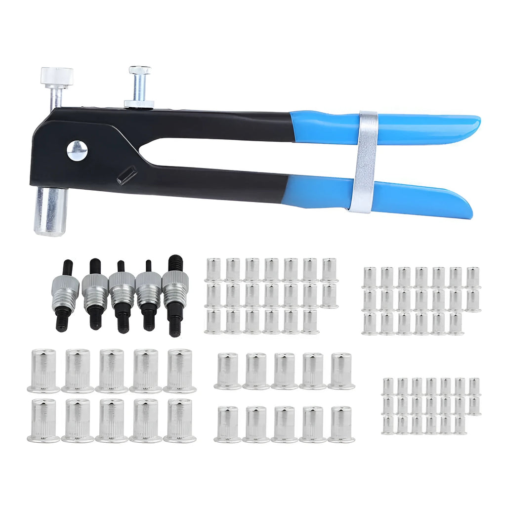 Alloy steel manual riveter tool with blind rivet nuts, from an 86pc or 106pc gun set.