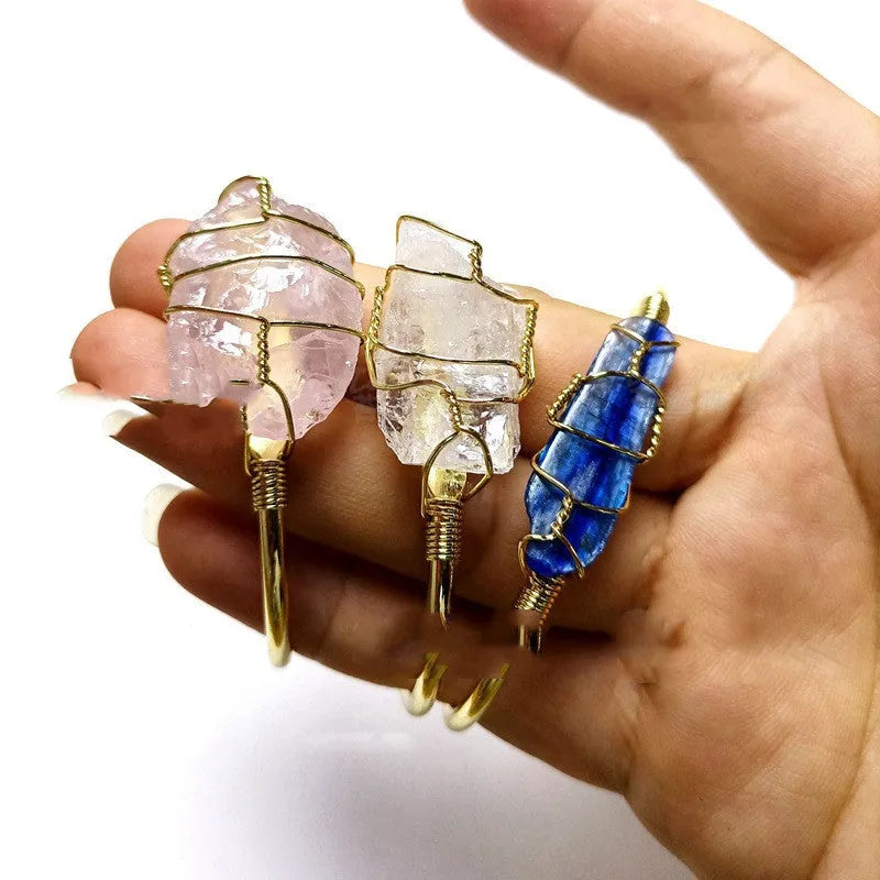 Natural crystal rough stone bracelet with gold winding geometric design in bohemian ethnic style