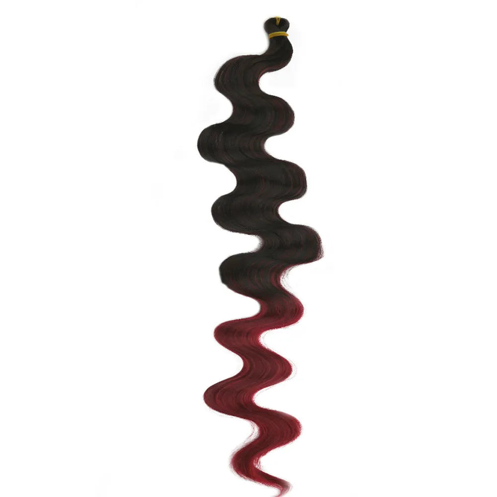 Wine red synthetic wig with big wave styling showing 24-inch length and crochet construction